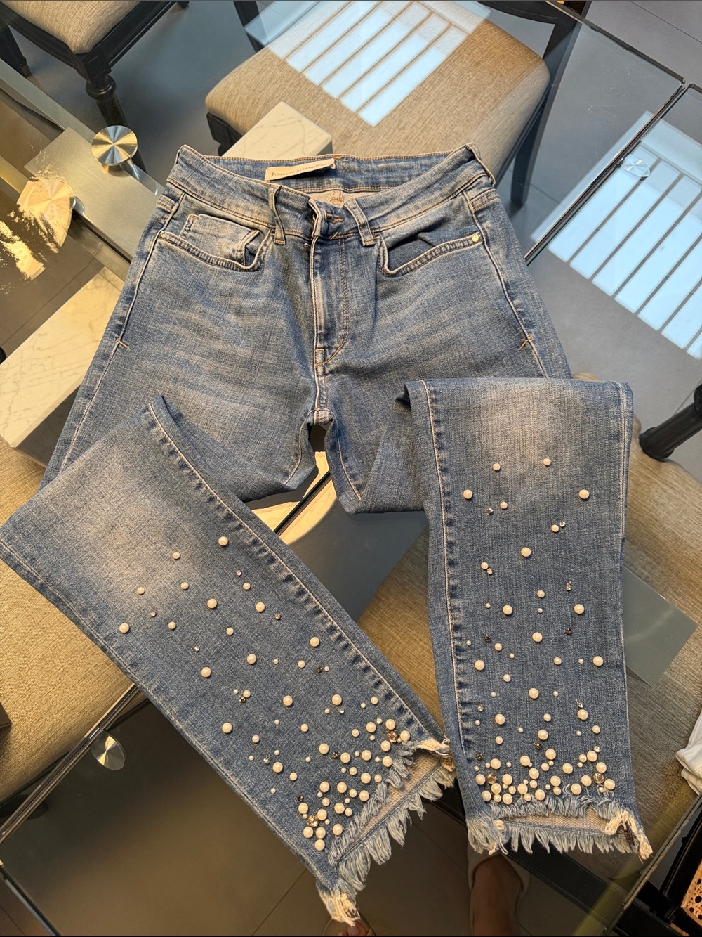 Pilcro and The Letterpress Women's Blue Pearl-Embellished Slim Jeans